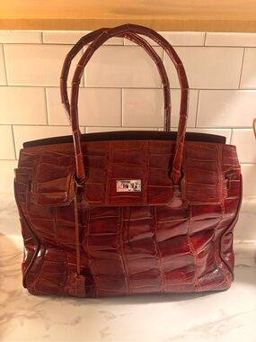 Vintage Ferrini Italia Croc Embossed Leather Birkin Style Tote Bag Made in Italy